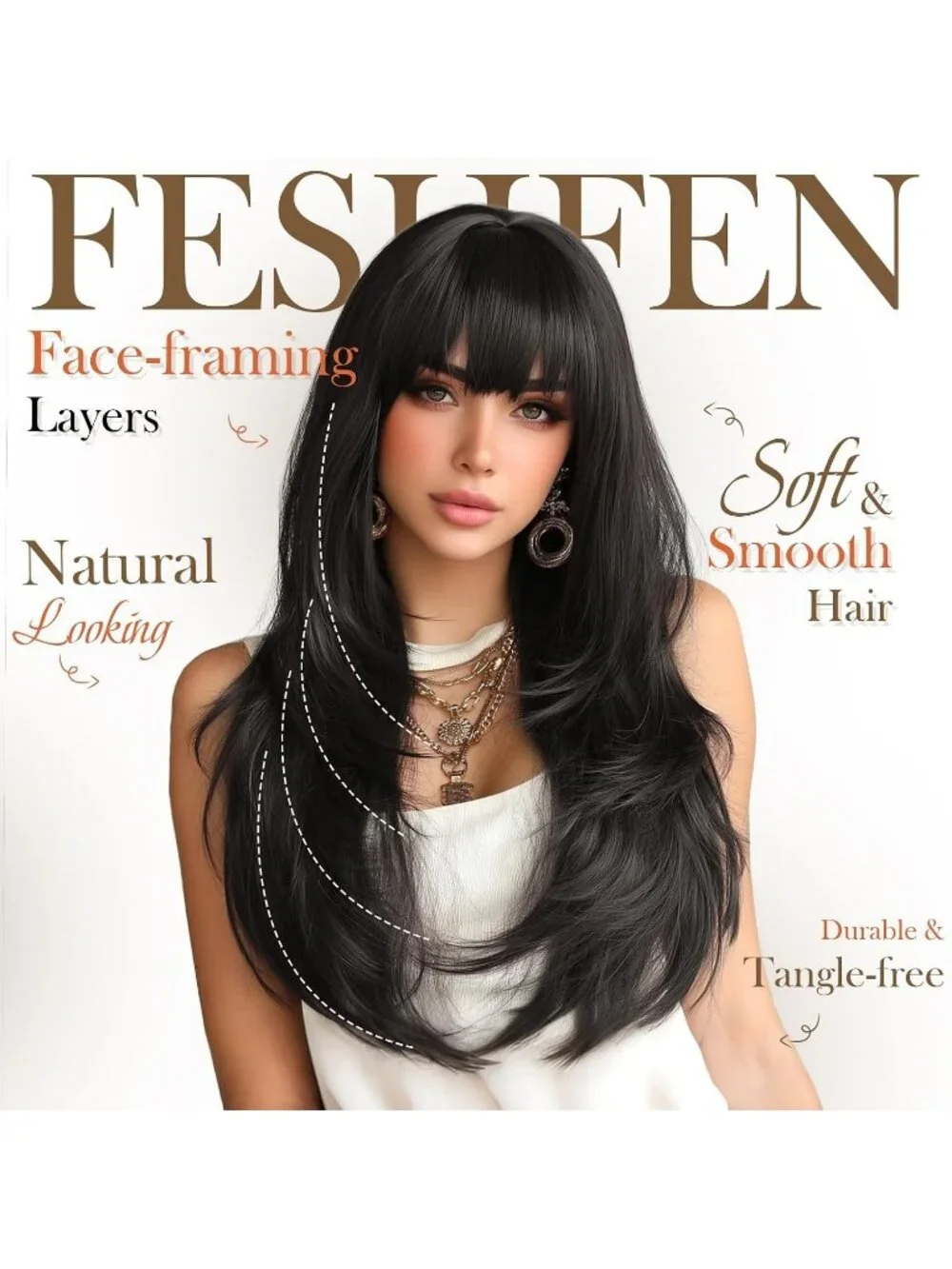 Women's Natural Black 24 Inch Natural Synthetic Long Straight Sleek Layered Wigs